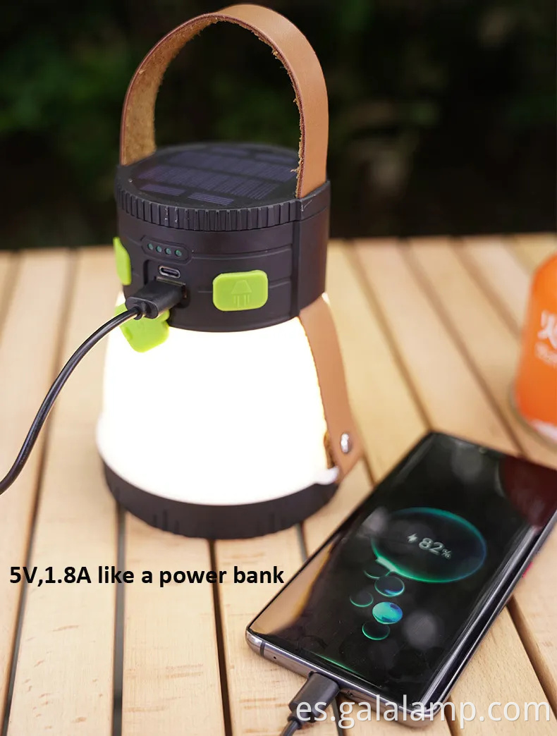 Linterera para acampar recargable solar de peso ultraligero con cargador de teléfono